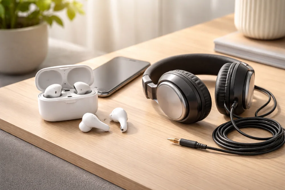 Порівняння бездротових і дротових навушників на столі зі смартфоном у світлій lifestyle-сцені