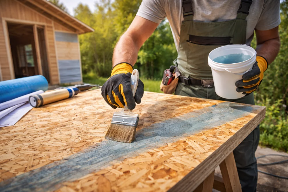 Обробка OSB-плити вологостійким захисним складом для запобігання намоканню та гниттю в зовнішніх конструкціях