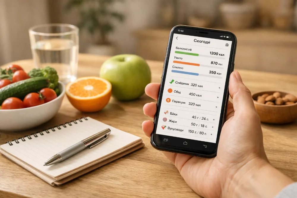 Смартфон у руці з інтерфейсом харчового застосунку, фрукти, овочі та блокнот на столі, тепле денне світло