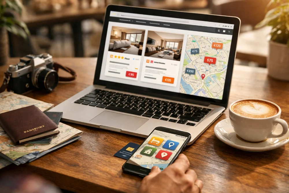 Світла сцена з ноутбуком, смартфоном, картами, паспортом і кавою для пошуку житла у подорожі