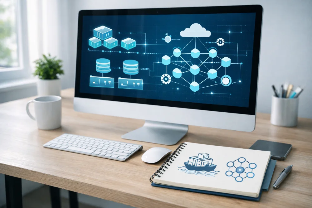 Моноблок із абстрактним інтерфейсом Docker і Kubernetes, планшет із схематичними іконками, світла мінімалістична робоча сцена