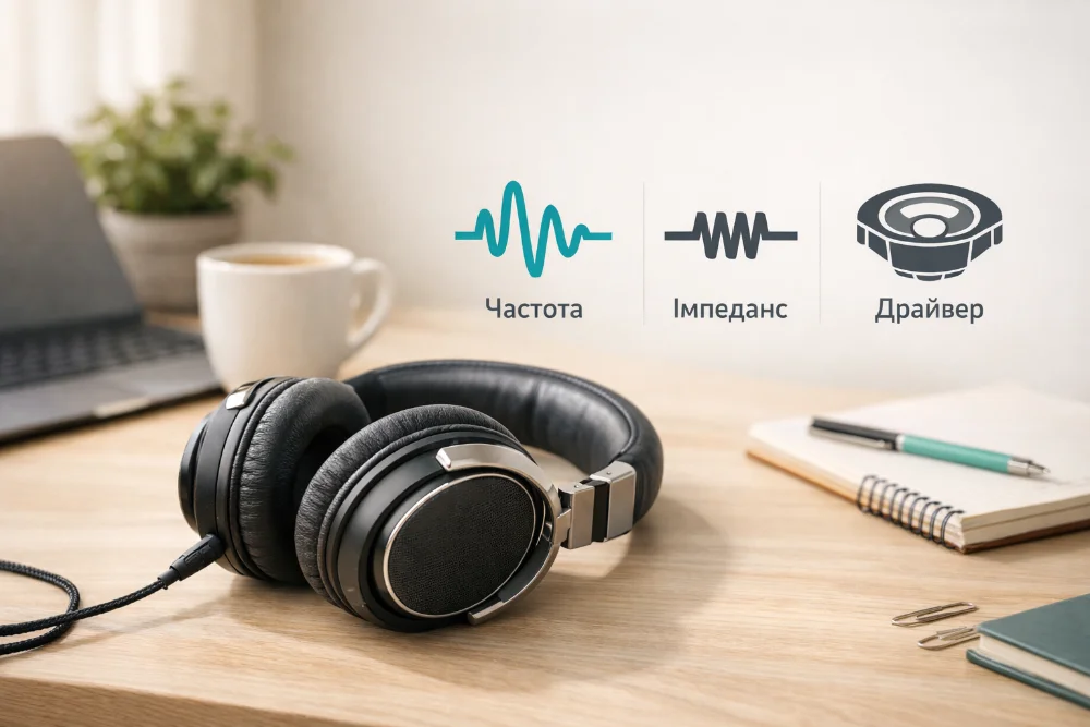 Навушники на світлому робочому столі зі схемою частоти, імпедансу та драйвера простими іконками