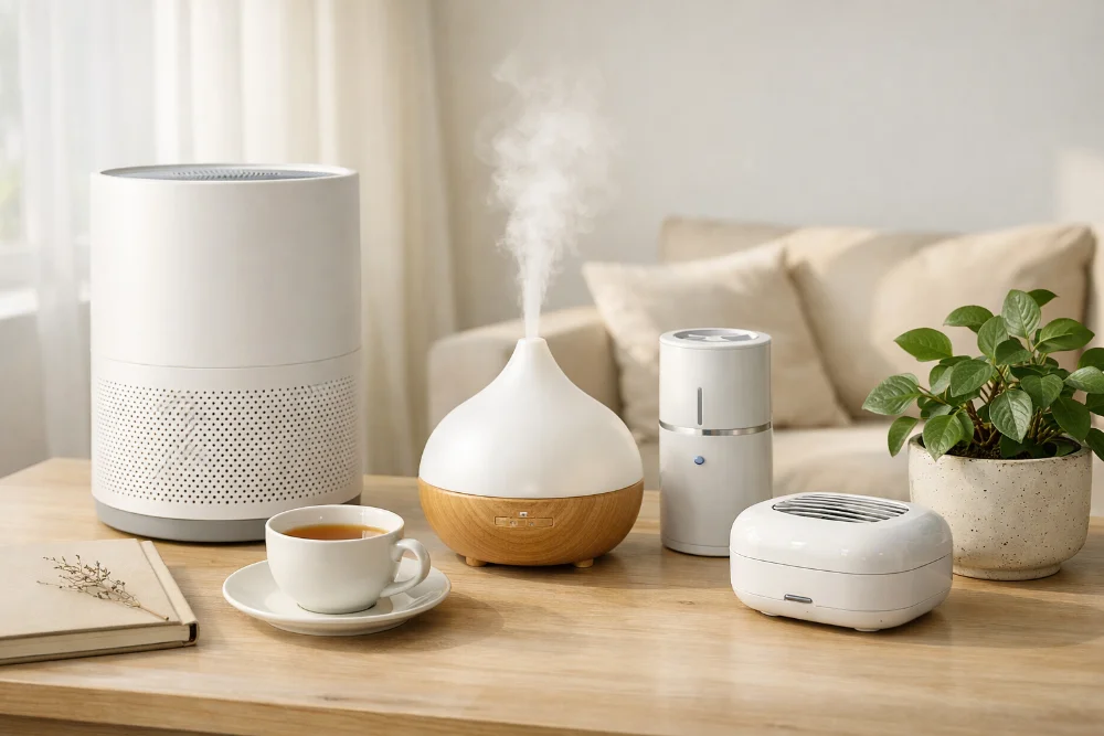 Очисник повітря, дифузор та іонізатор на столі у світлій квартирі з рослиною та чашкою чаю