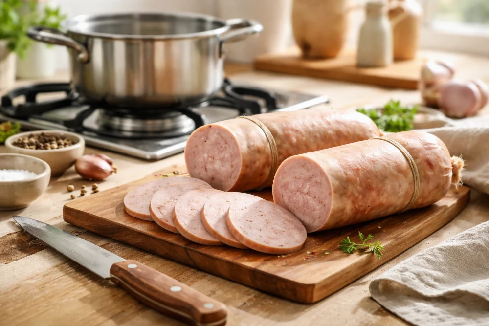 Нарізана варена ковбаса на дерев’яній дошці поруч із каструлею на плиті в домашніх умовах