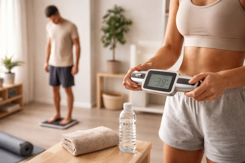 Людина вимірює жирову масу тіла вдома на цифрових вагах і портативному аналізаторі поруч із рушником та водою