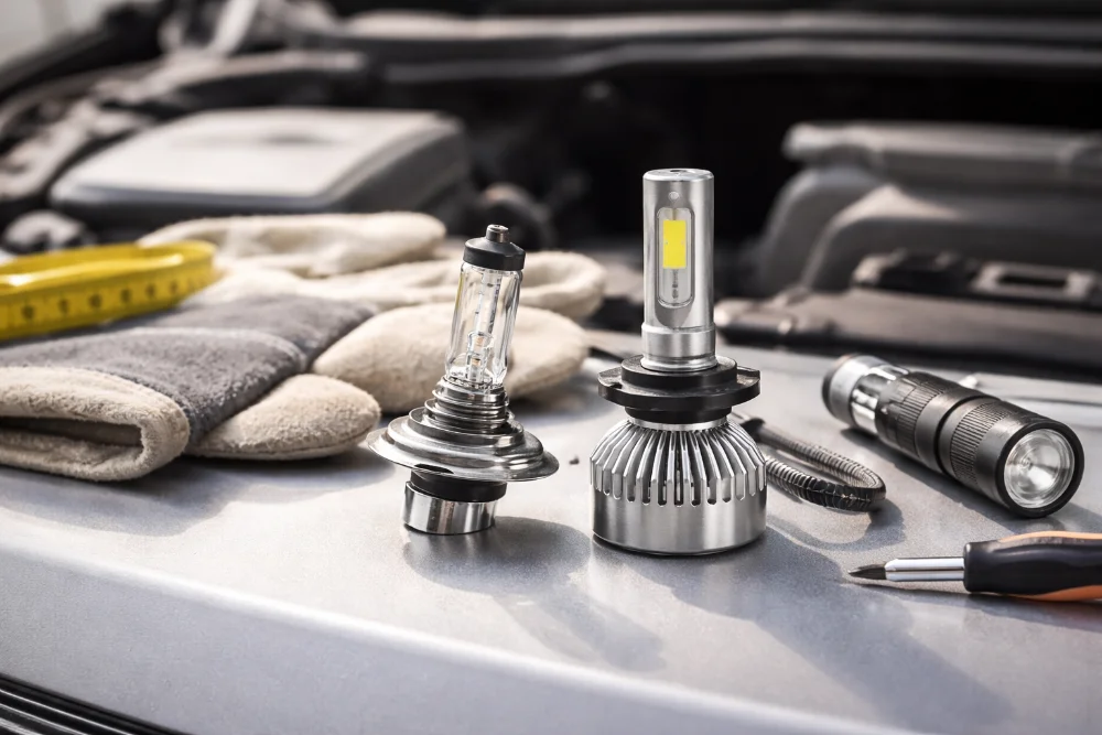 Галогенна та LED лампи ближнього світла на капоті авто поруч з інструментами для перевірки та заміни