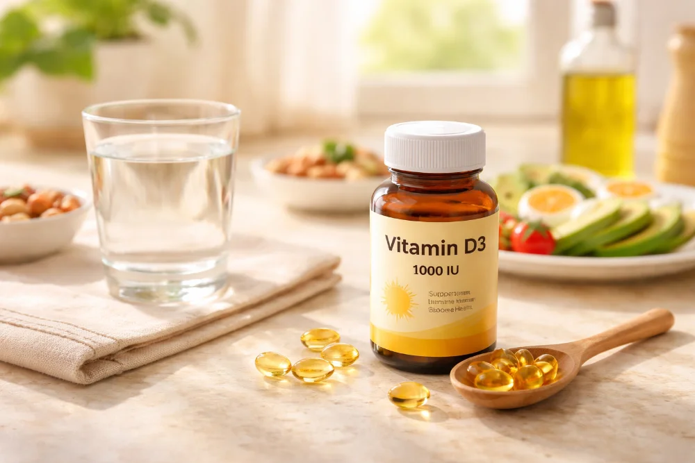 Пляшечка вітаміну D, склянка води та їжа на столі як приклад правильного щоденного прийому