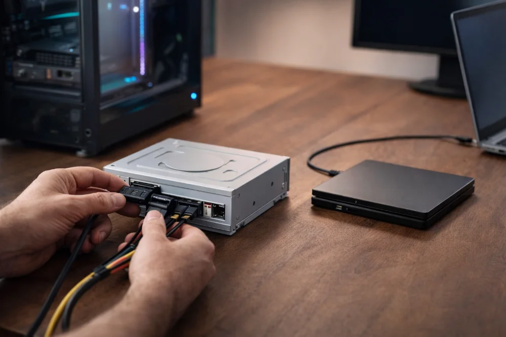 Фотографія з високою деталізацією: підключення SATA-кабелю до внутрішнього приводу та зовнішній USB-дисковод на робочому столі.