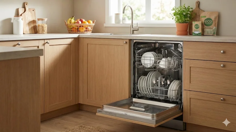 Відкрита вбудована посудомийна машина з чистим посудом у світлій сучасній кухні з дерев'яними фасадами та вікном.