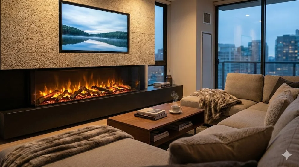 Довгий електрокамін з реалістичним полум'ям під телевізором у затишному інтер'єрі вітальні.