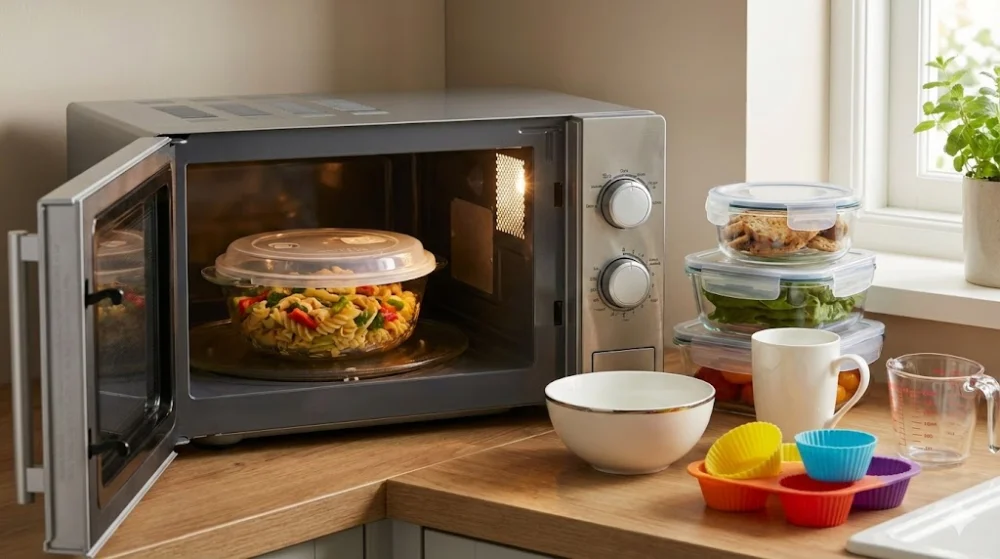 Скляні контейнери, керамічна миска та силіконові форми біля мікрохвильової печі на світлій кухні.