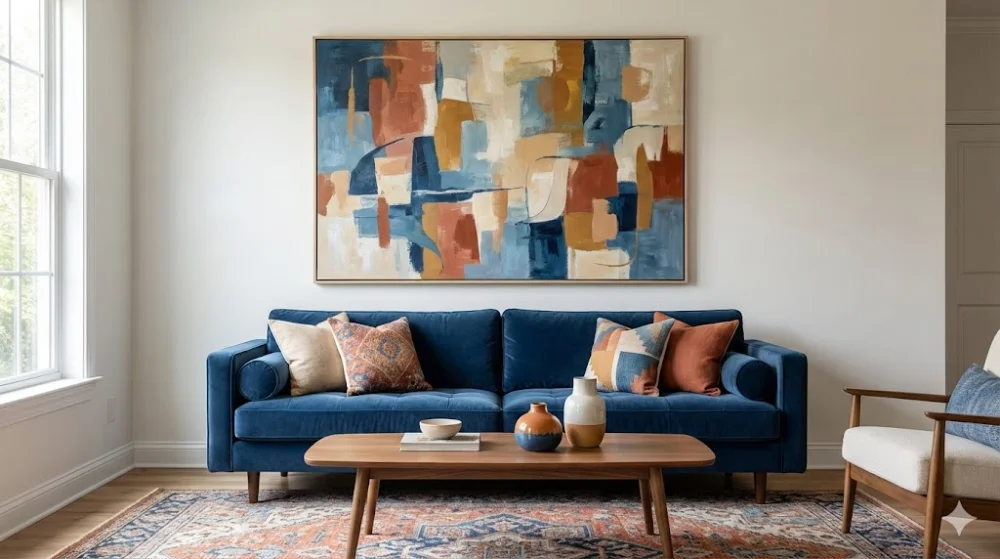 Абстрактна картина у синіх та теракотових тонах над диваном, що гармоніює з декором та кольорами вітальні