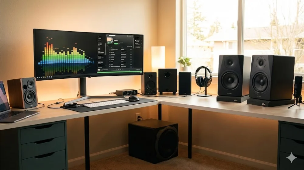 Робочий стіл з різними акустичними системами для ПК: від компактних колонок до студійних моніторів і сабвуфера