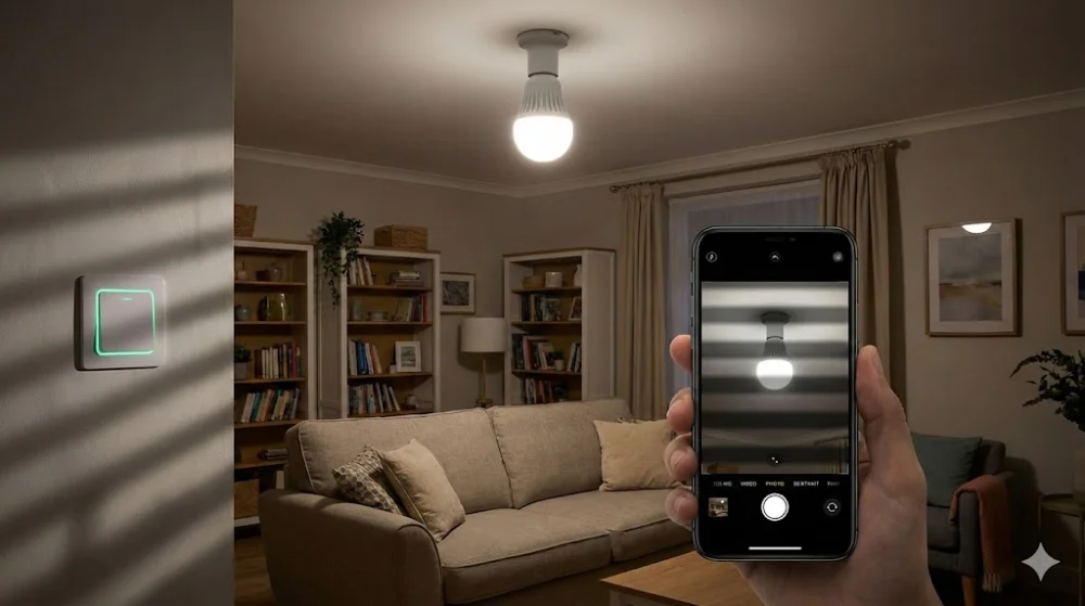 Рука тримає смартфон, камера якого направлена на стельову LED-лампу. На екрані видно смуги, що свідчать про мерехтіння світла