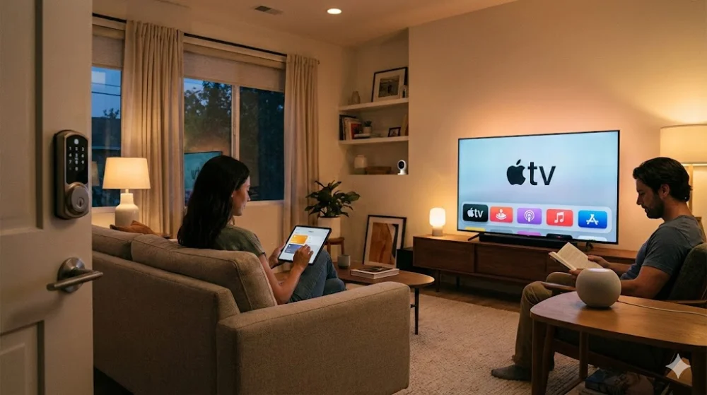 Сучасна вітальня з екосистемою Apple HomeKit: iPad, HomePod, Apple TV та розумне освітлення в затишному інтер'єрі