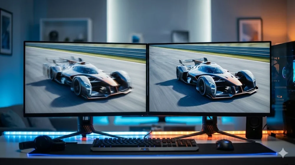 Порівняння двох моніторів: зліва розмита машина через повільний response time, справа чітка картинка з швидким відгуком матриці