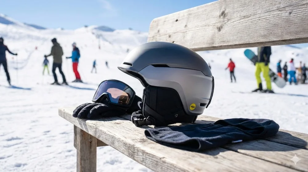 Сірий шолом MIPS, лижна маска, рукавиці та бафф на дерев'яній лавці на фоні сонячного схилу з лижниками