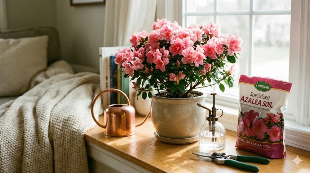 Рожева азалія в горщику на вікні поруч із лійкою, пульверизатором та пакетом спеціального ґрунту.