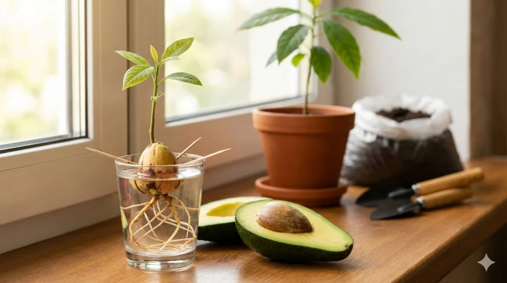 Пророщування кісточки авокадо у воді та молода рослина в горщику на підвіконні поруч із садовим інструментом
