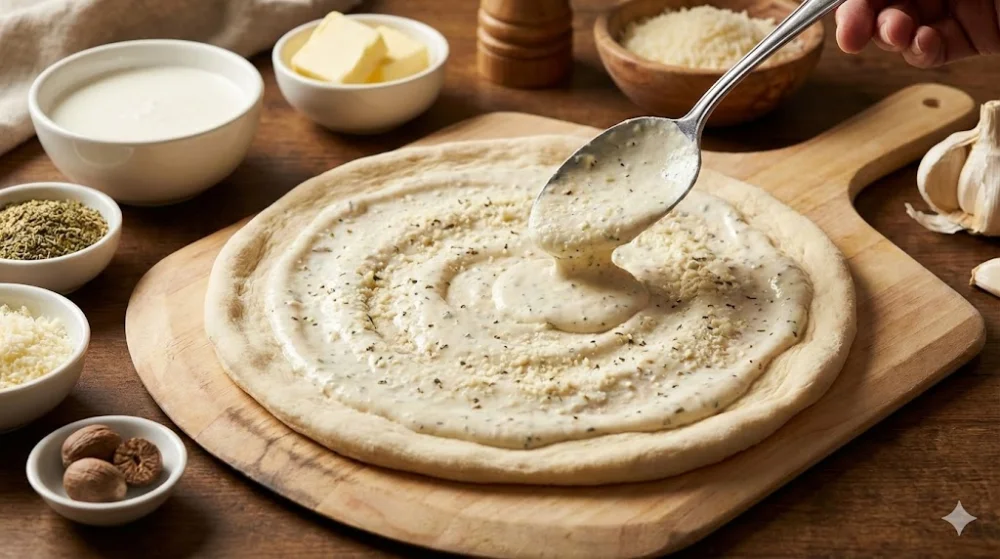 Процес розподілення густого вершкового соусу ложкою на сирому тісті для піци на дерев'яній дошці
