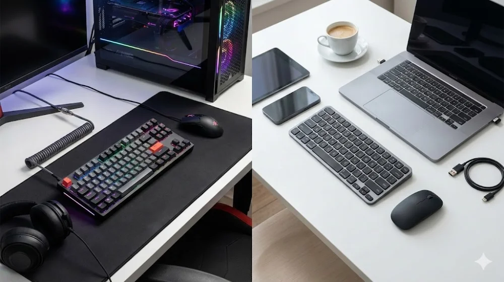 Порівняння двох робочих місць: геймерське з дротовою клавіатурою та офісне з бездротовою клавіатурою і ноутбуком