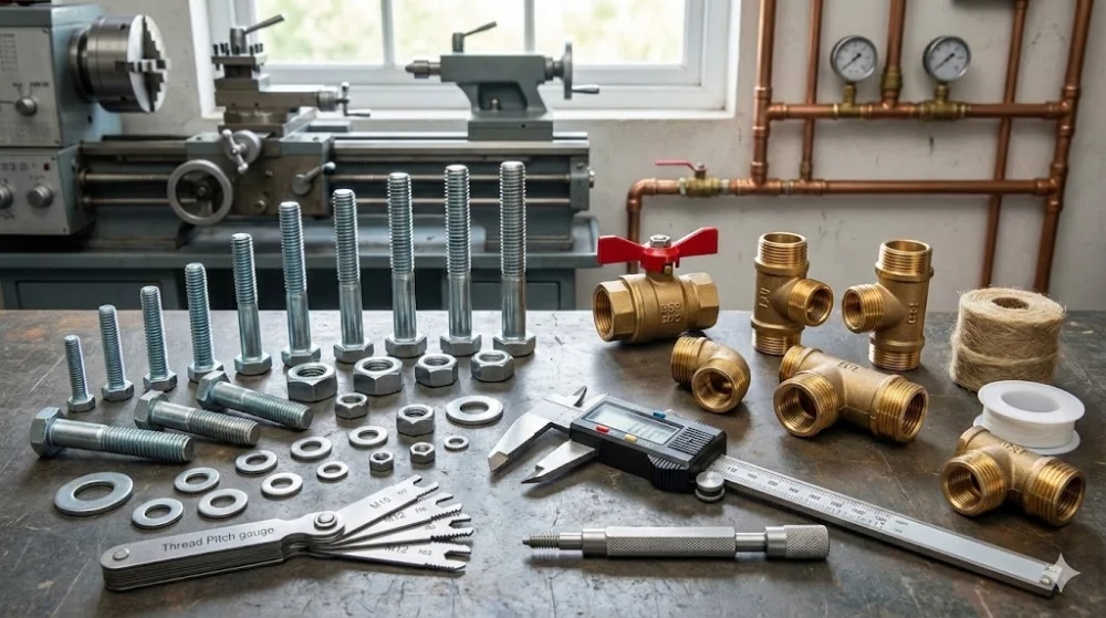 Сталеві болти, латунні фітинги, штангенциркуль та різьбомір на фоні верстата в інженерній майстерні