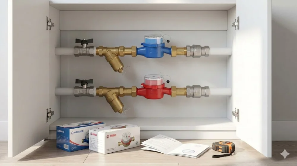 Встановлені лічильники холодної та гарячої води в шафі. На підлозі коробки, техпаспорт і рулетка для вибору водоміра