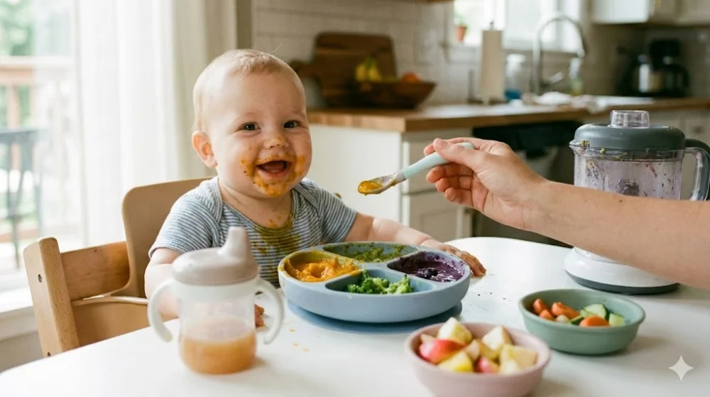 Малюк у стільчику для годування їсть пюре з секційної тарілки, поруч поїльник та блендер для дитячого харчування
