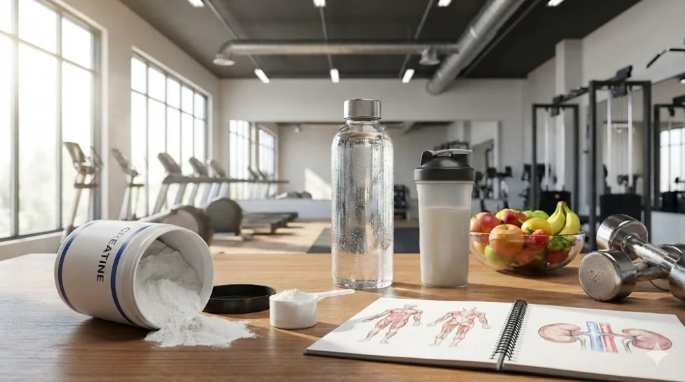 Банка креатину, вода, фрукти та зошит з анатомією нирок на столі в спортзалі, що ілюструє тему здоров'я
