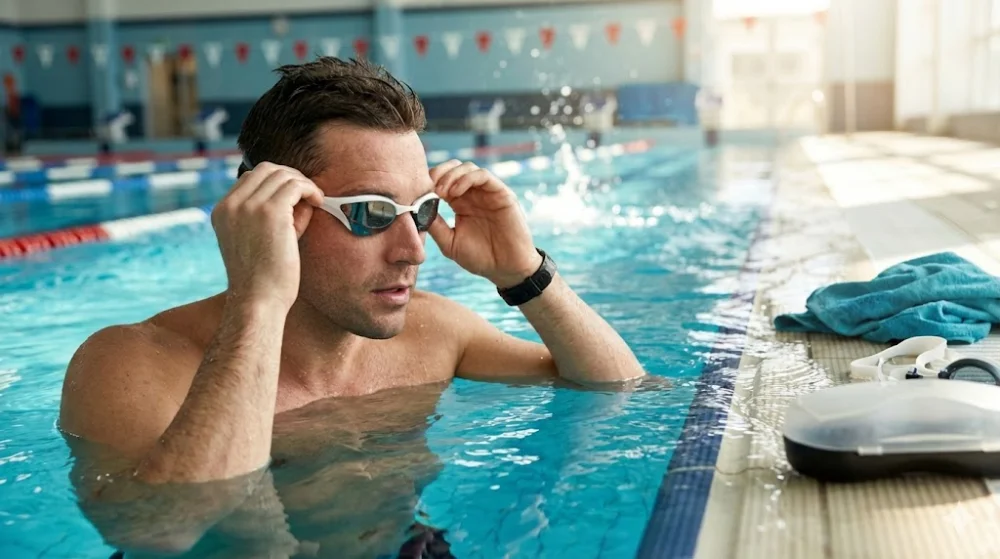 Пловець у басейні регулює окуляри для плавання на обличчі перед запливом. На борту лежить чохол.