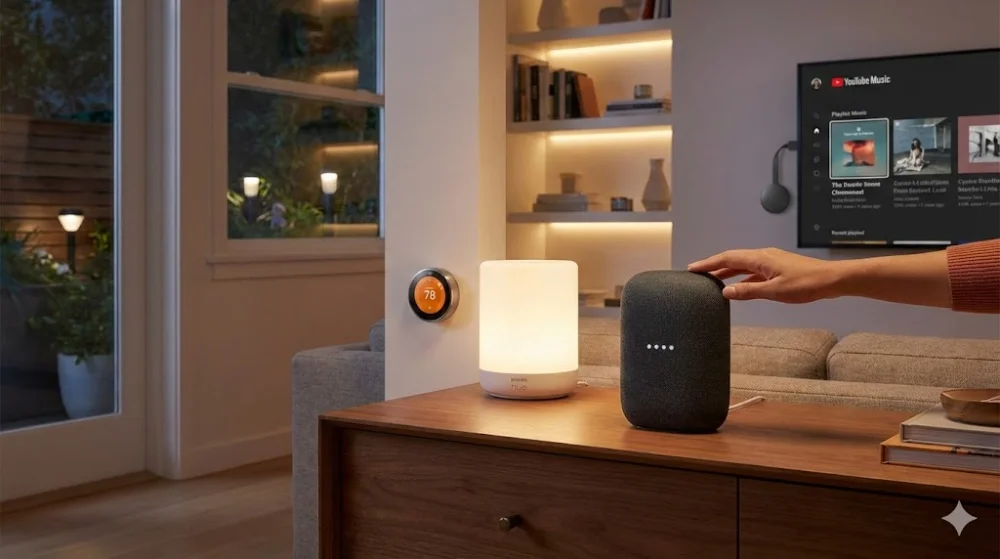 Користувач взаємодіє з Google Nest Audio у розумному домі з активованим термостатом, освітленням та мультимедіа на ТБ