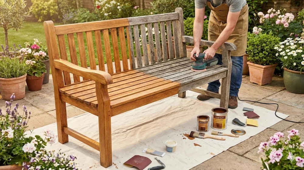 Чоловік шліфує стару дерев'яну лаву в саду, демонструючи контраст до та після реставрації