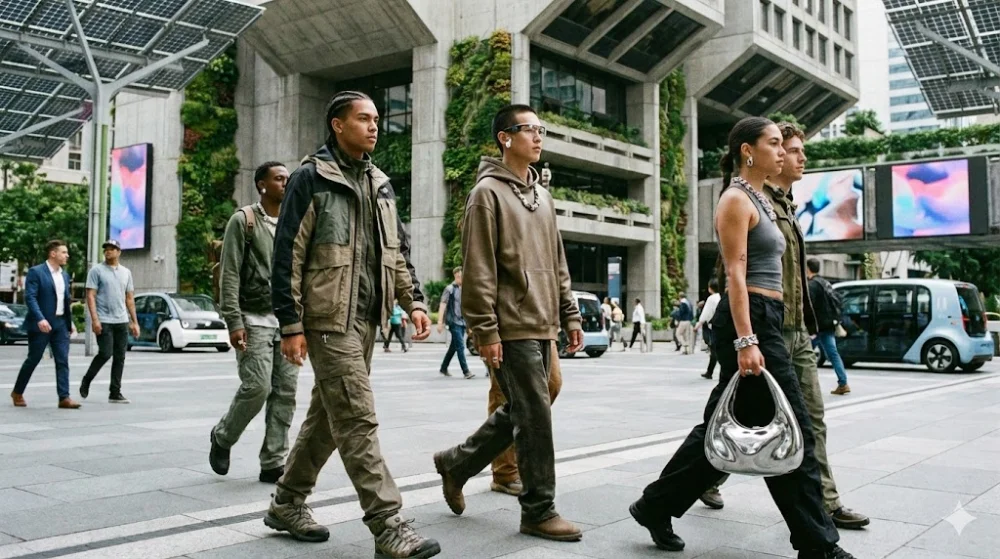 Група молоді в модному одязі стилю gorpcore та з футуристичними аксесуарами йде вулицею сучасного міста 2026 року