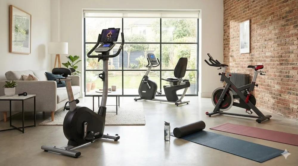 Вертикальний, горизонтальний та спін-байк у світлій кімнаті з фітнес-килимком і аксесуарами для спорту