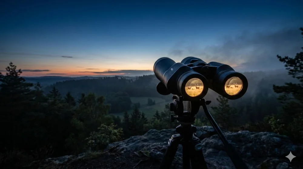 Бінокль на штативі в сутінках. В окулярах видно яскраве зображення оленів, що демонструє високу світлосилу приладу