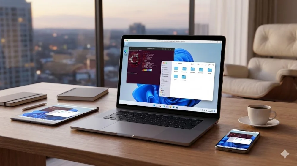 Ноутбук відображає сесію віддаленого робочого столу з відкритим терміналом Linux та файловим менеджером Windows на macOS