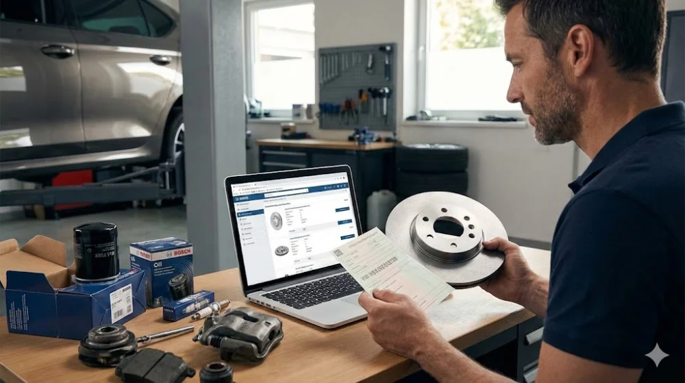 Чоловік у майстерні підбирає запчастини онлайн, звіряючи гальмівний диск з каталогом на ноутбуці та VIN-кодом