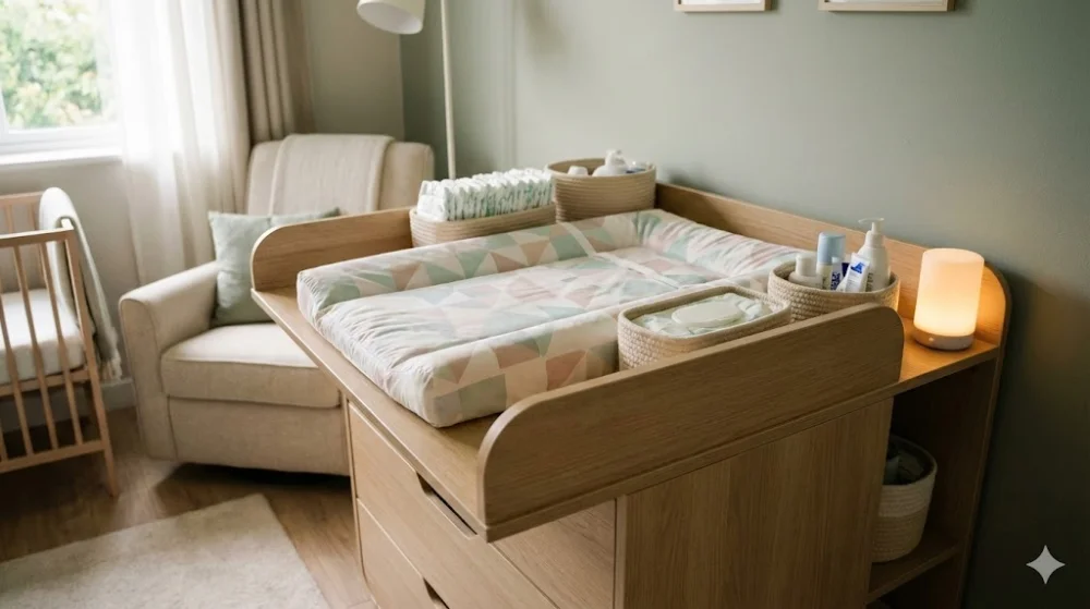 Дерев'яний пеленальний комод з високими бортиками, матрацом, кошиками для підгузків та нічником у затишній кімнаті