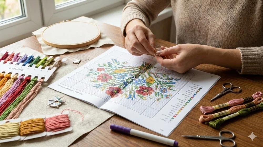 Жінка вишиває хрестиком за паперовою схемою з квітами. На столі: п'яльця, органайзер з нитками муліне, ножиці та маркер.