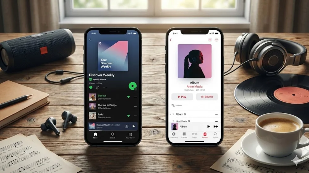 Два смартфони на столі: лівий показує Spotify, правий - Apple Music, в оточенні навушників, колонки та вінілу