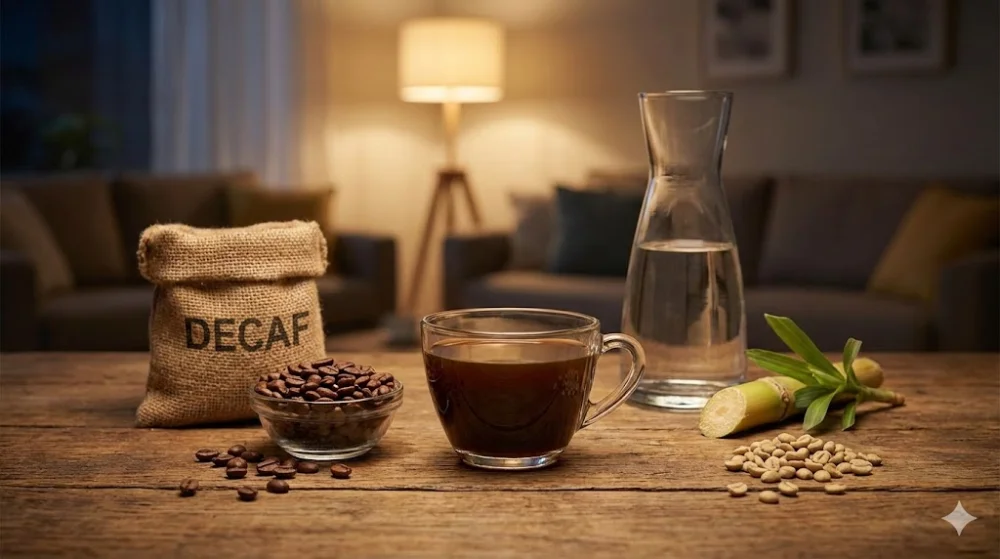 На дерев'яному столі чашка кави без кофеїну, мішок DECAF, смажені й зелені зерна, вода та цукрова тростина ввечері