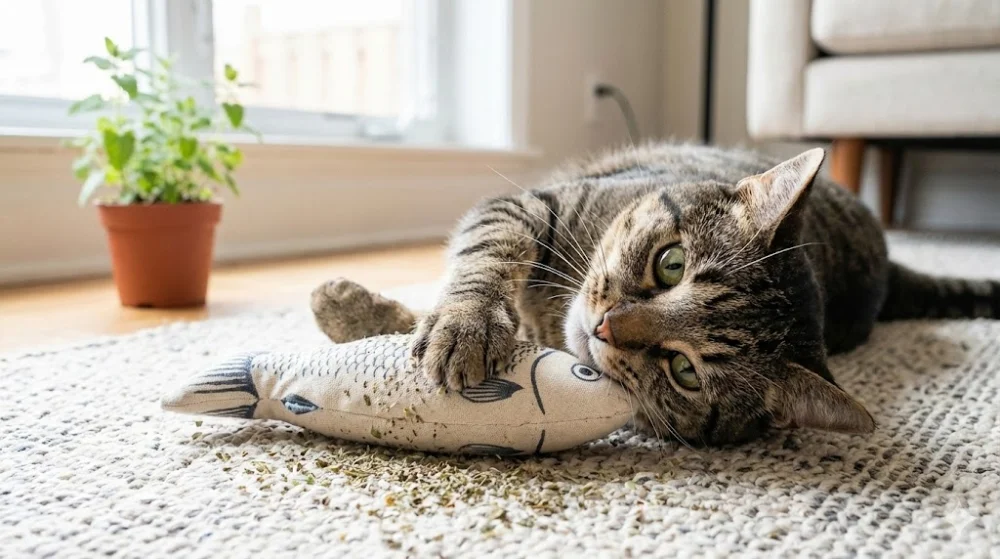 Смугастий кіт треться об іграшку-рибку з котячою м'ятою на килимі, поряд розсипана суха м'ята та вазон із рослиною