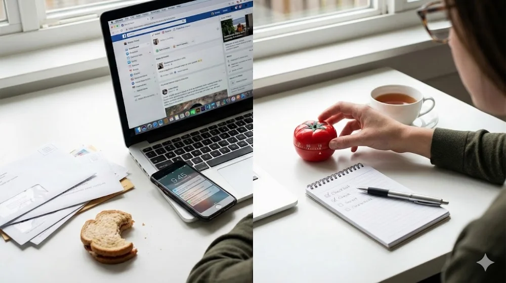 Робоче місце з таймером Pomodoro та блокнотом для фокусування на завданнях без зайвих відволікань