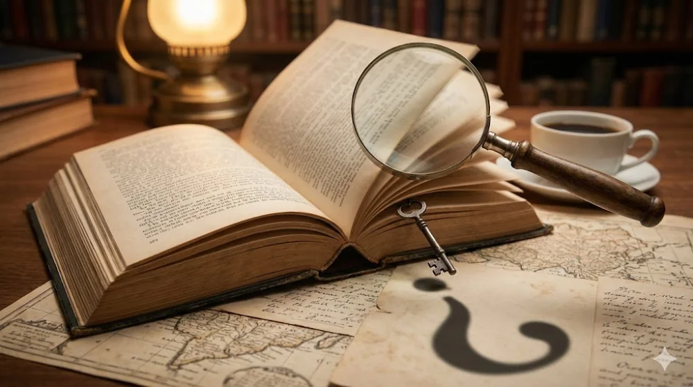 Стара відкрита книга на столі з мапами. Над нею лупа та ключ, що відкидають тінь у формі знака питання