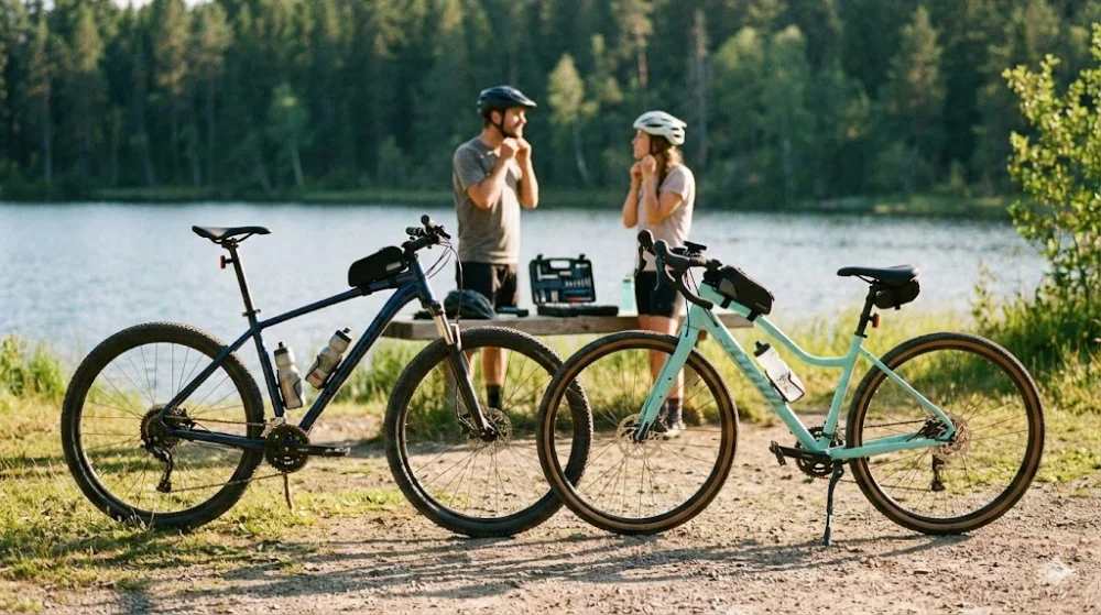 Чоловік та жінка надягають шоломи біля чоловічого гірського та жіночого гравійного велосипедів на березі лісового озера