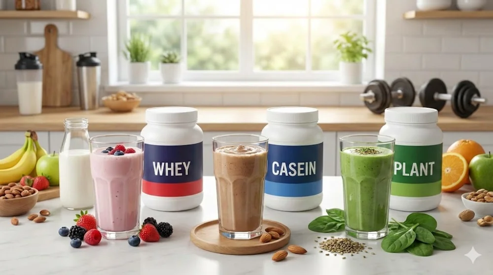 Три види протеїнового порошку в банках і готові коктейлі на фоні фруктів та гантелей у світлій кухні