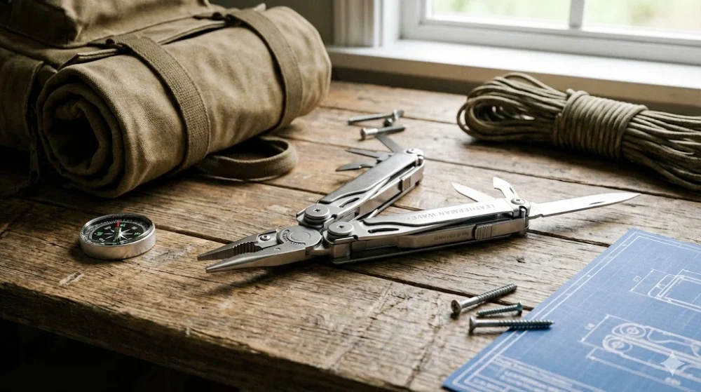 Leatherman Wave+ на дерев'яному столі біля вікна з туристичним спорядженням