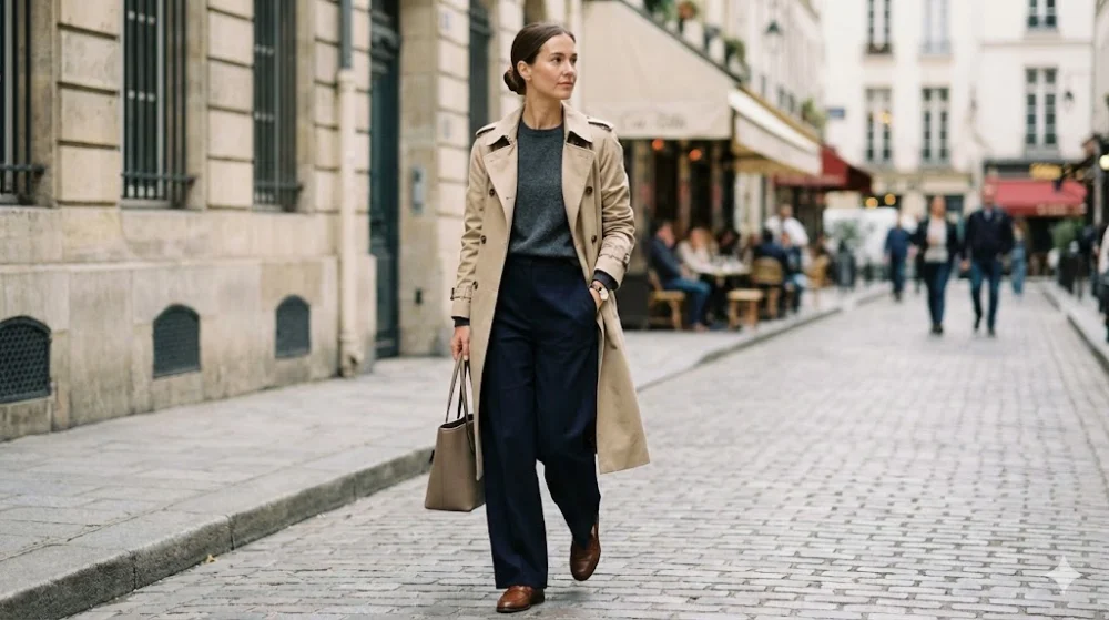 Елегантна жінка в бежевому тренчі, темно-синіх широких штанах та з сумкою йде по бруківці, втілюючи класичний стиль в одязі