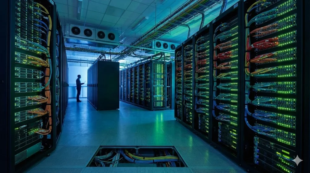 Ряди серверних стійок з яскравою підсвіткою та кабелями в дата-центрі, силует фахівця на задньому плані.