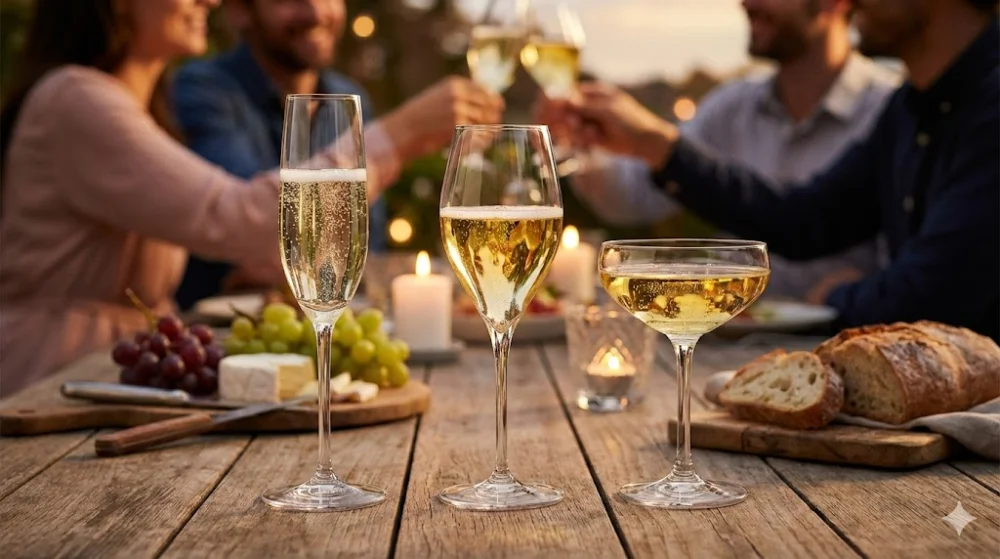 Три келихи ігристого вина на столі з закусками на фоні людей під час вечері в теплому вечірньому світлі